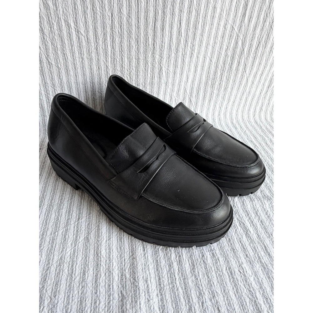 Quince Italian Leather Lug Sole Penny Loafers Black Women 7 BSUN001/SS24